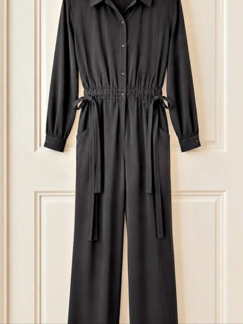 Nine West Long Sleeve Button-Front Utility Jumpsuit - Black